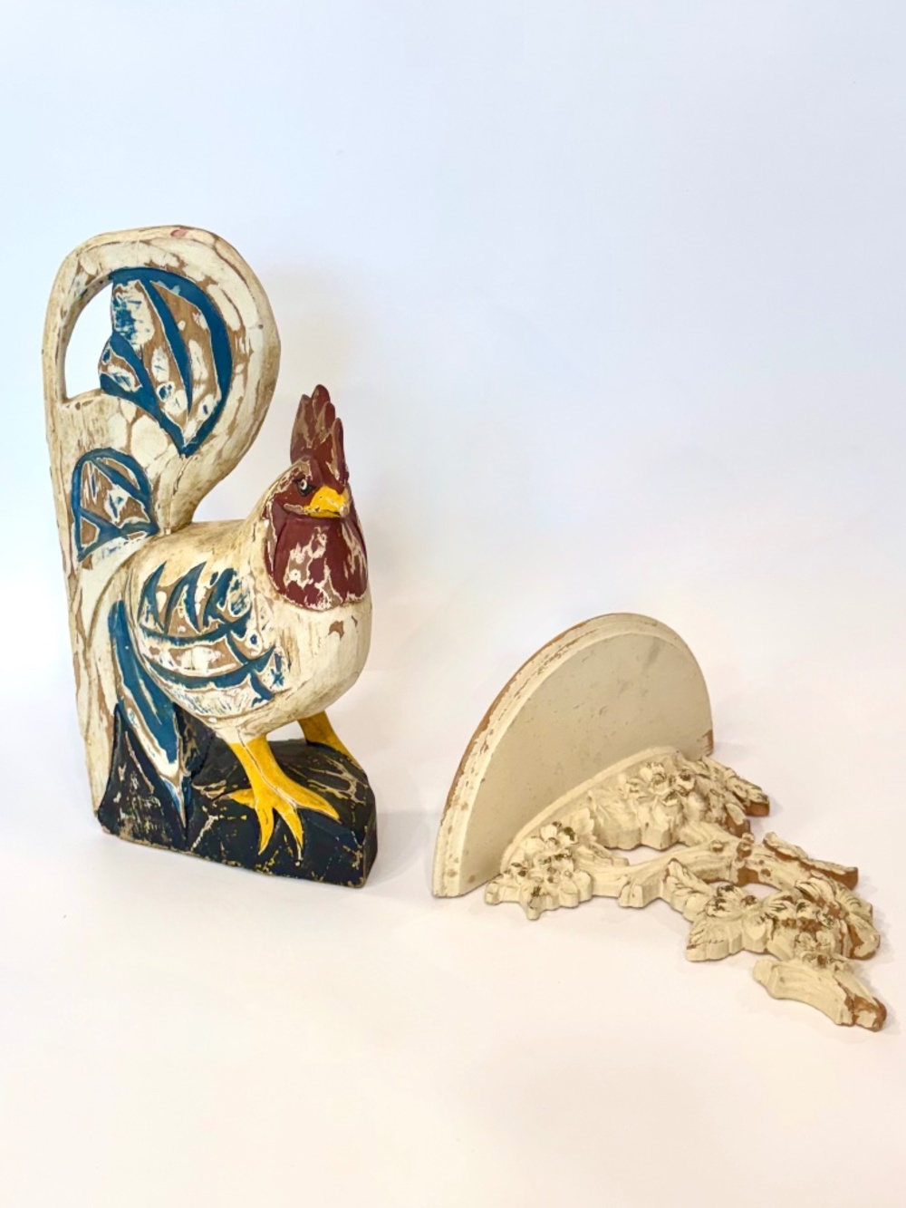 Vintage Pair of Hand Carved Solid Wood Ornate Wall Sconce & Rooster Sculpture